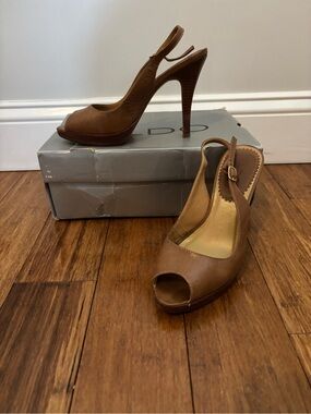 Aldo Tan Brown Peep-Toe Slingback Stiletto Heels